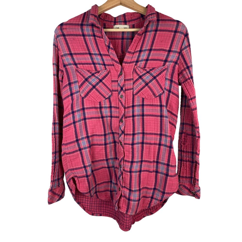Cloth & Stone Women's M Pink Plaid Distressed Boho‎ Button Up Shirt *